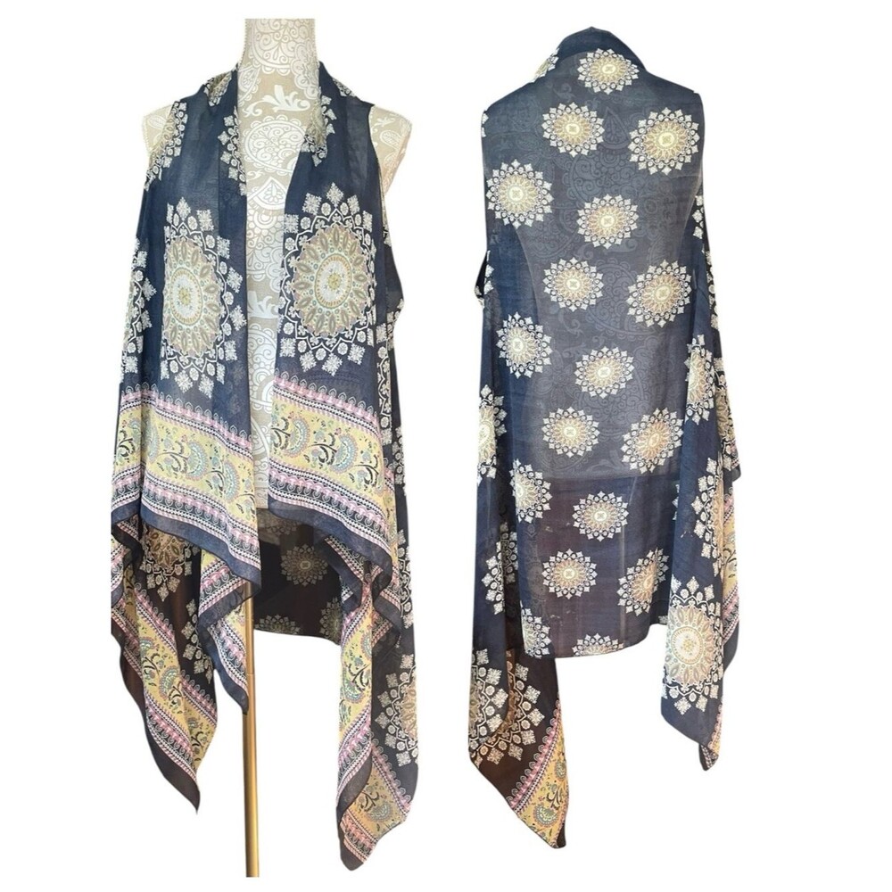 Navy Boho Medallion Open Front chiffon Vest cover-up boho coastal euro vacation